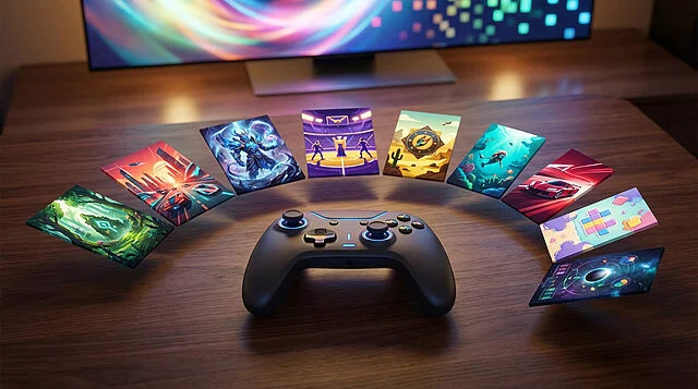 Gaming Subscription: Controller & Diverse Games Sleek dark gray game controller on wood, surrounded by nine floating, vibrant game covers of diverse genres. Blurred glowing TV in background.