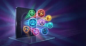Nine glowing, stylized video game icons emerge from a futuristic digital portal, set against a vibrant purple and blue background with light rays.