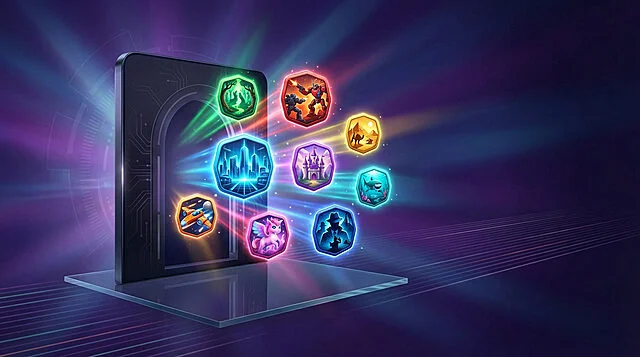 Gaming Universe Portal Nine glowing, stylized video game icons emerge from a futuristic digital portal, set against a vibrant purple and blue background with light rays.