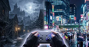 Hands hold a glowing game controller, splitting view between a snowy gothic village with a castle and a neon Japanese city at night.