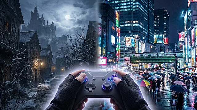 Gaming's Divide: Gothic Fantasy and Cyberpunk City Hands hold a glowing game controller, splitting view between a snowy gothic village with a castle and a neon Japanese city at night.