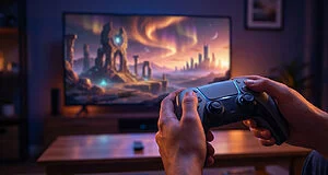 A player's hands grip a generic game controller, bathed in the glow of a large screen showing a vibrant, fantastical game world.