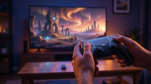 Gateway to a Digital World A player's hands grip a generic game controller, bathed in the glow of a large screen showing a vibrant, fantastical game world.