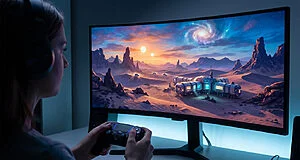 A gamer immersed in a vibrant sci-fi open-world game on a curved monitor, displaying an alien desert with two suns and a futuristic outpost.