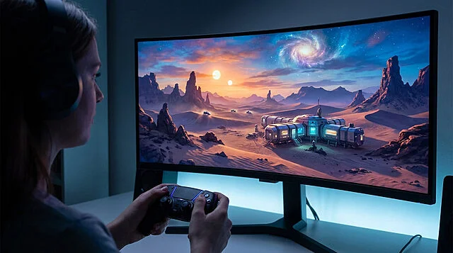 Gateway to an Alien Universe A gamer immersed in a vibrant sci-fi open-world game on a curved monitor, displaying an alien desert with two suns and a futuristic outpost.