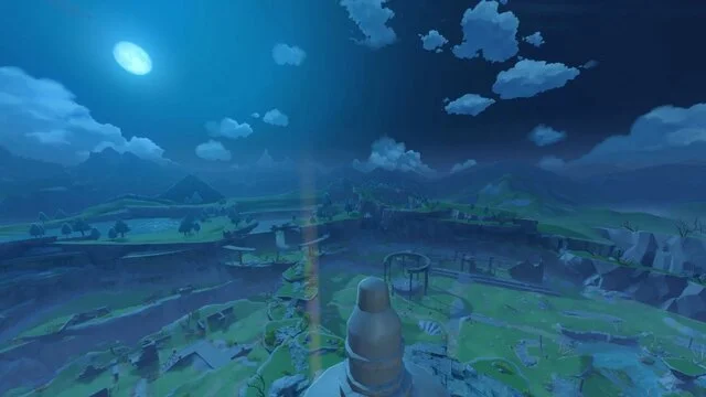 Paysage nocturne avec pleine lune et vallée verdoyante.