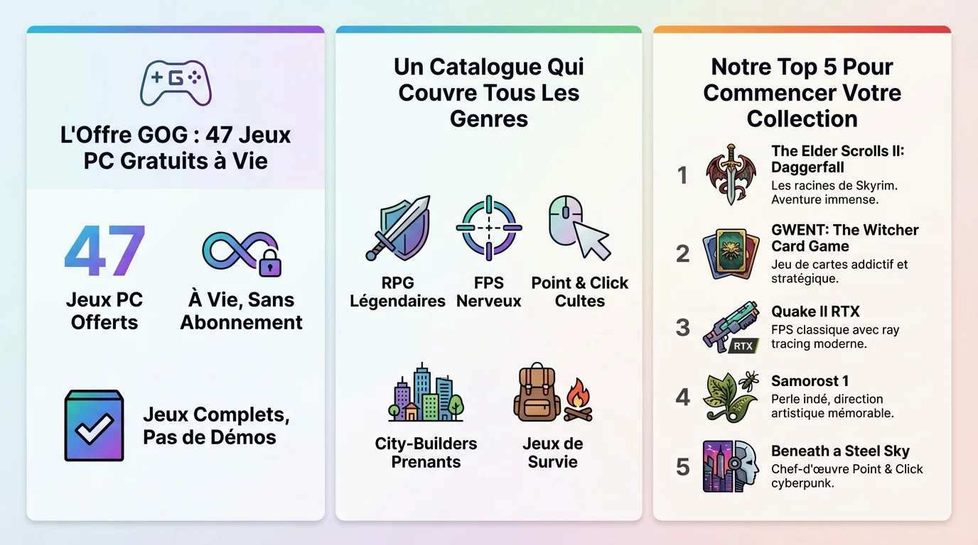 Bibliothèque de jeux gratuits sur GOG incluant des classiques comme Daggerfall et Quake II