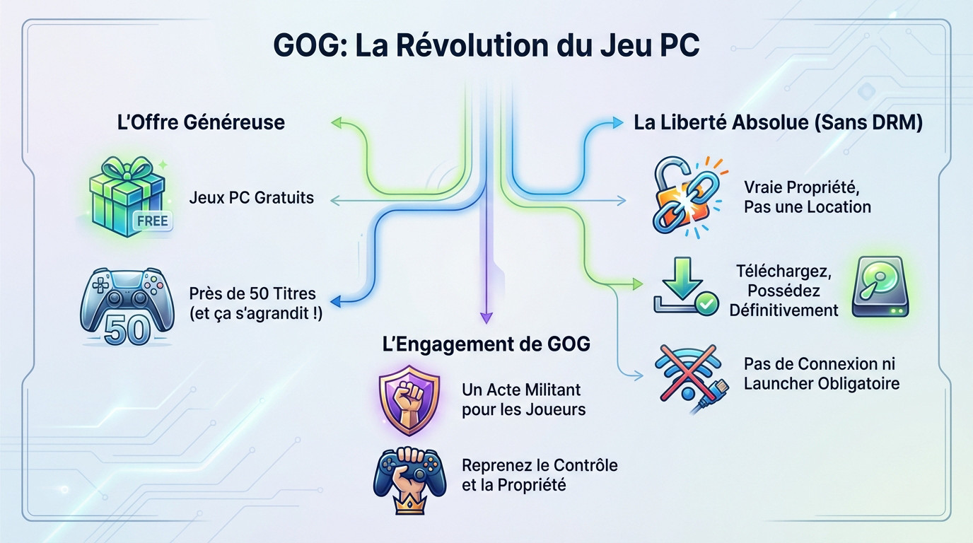 Interface GOG montrant la bibliothèque de jeux PC gratuits et sans DRM