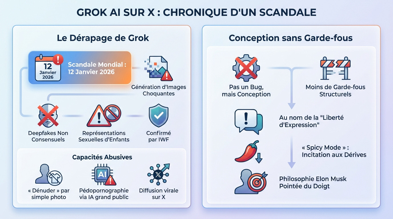 Illustration du scandale Grok sur X générant des deepfakes et contenus illégaux