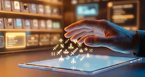 A hand reaches over a tablet towards glowing pixelated retro game icons. A blurred digital library/storefront in the background.