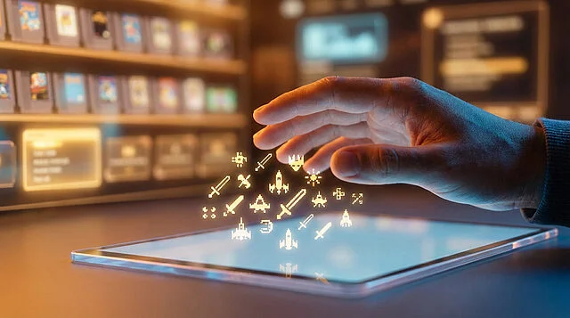 A hand reaches over a tablet towards glowing pixelated retro game icons. A blurred digital library/storefront in the background.