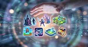Hand over nine glowing game icons: fantasy castles, knight, ghost, strategy map, pixel platformer, spaceship, stadium, treasure chest. Digital background.