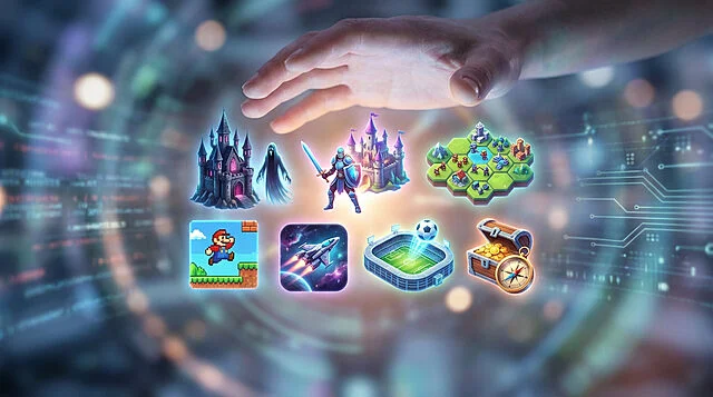 Hand over nine glowing game icons: fantasy castles, knight, ghost, strategy map, pixel platformer, spaceship, stadium, treasure chest. Digital background.
