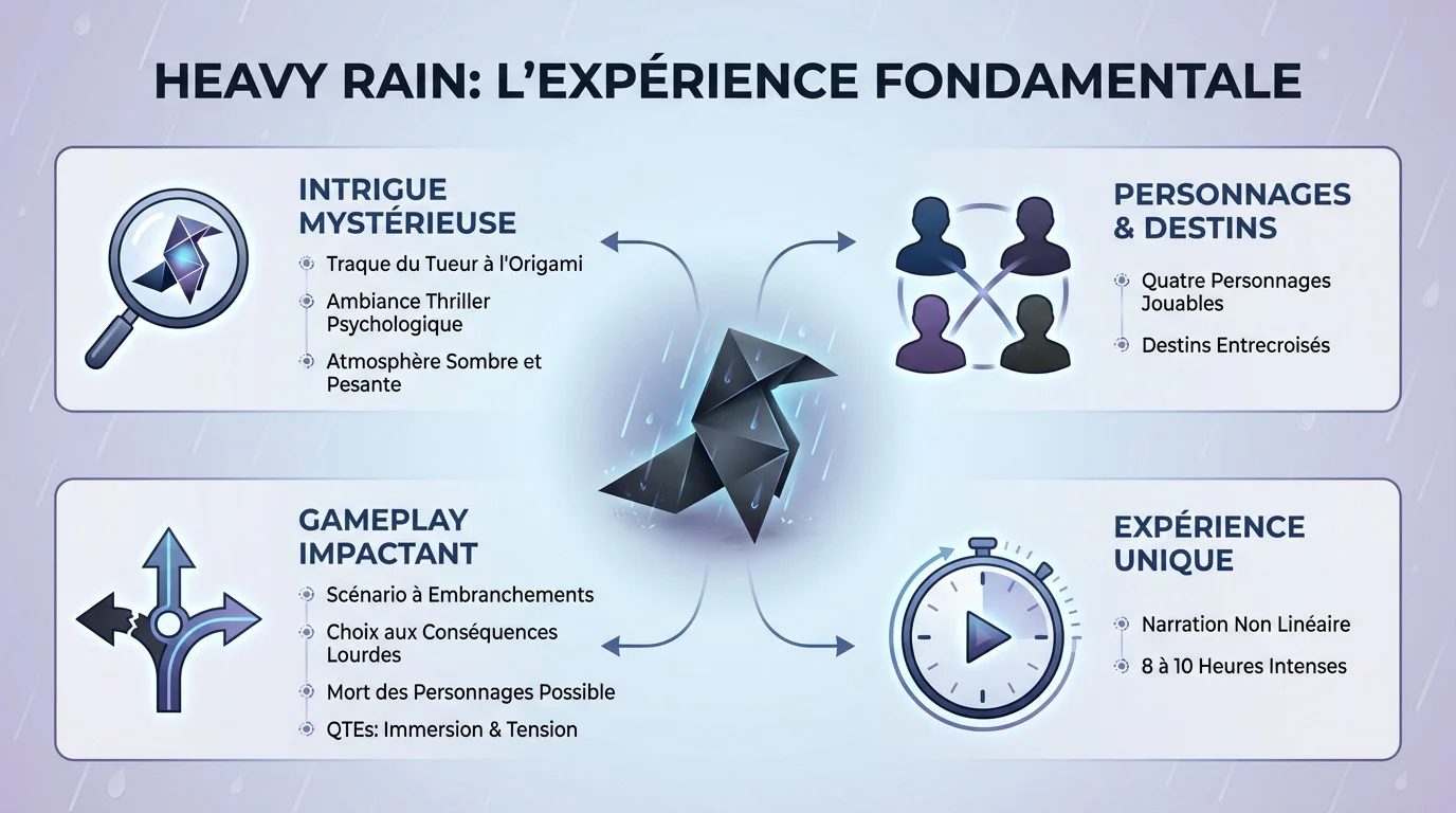 Infographie détaillant les mécaniques narratives et l'expérience de jeu de Heavy Rain