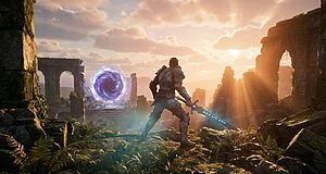 A fantasy hero in glowing armor and sword stands before a mystical purple portal and ancient ruins at dawn with dramatic lighting.