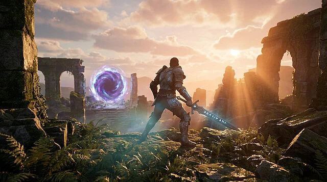 Heroic Dawn: Confronting the Mystical Portal A fantasy hero in glowing armor and sword stands before a mystical purple portal and ancient ruins at dawn with dramatic lighting.