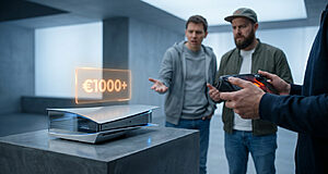 Two men react with disbelief to a €1000+ holographic price tag above a sleek, futuristic console, one holding an ergonomic handheld device.