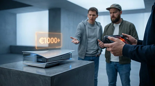 High-End Console Price Shock: Disbelief at €1000+ Two men react with disbelief to a €1000+ holographic price tag above a sleek, futuristic console, one holding an ergonomic handheld device.
