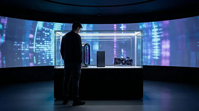 high end gaming hardware showcase Exposition d'équipements technologiques modernes lumineux