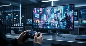 Hands holding a futuristic game controller, illuminated by a monitor displaying a vibrant sci-fi action scene in a dim, high-tech studio with a clapperboard.