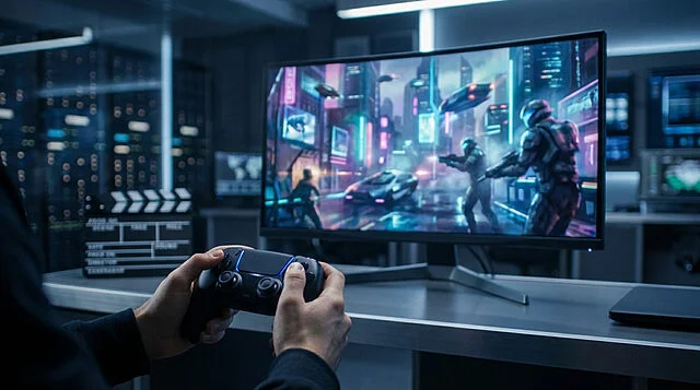 High-Tech Studio: Gaming & Production Hands holding a futuristic game controller, illuminated by a monitor displaying a vibrant sci-fi action scene in a dim, high-tech studio with a clapperboard.
