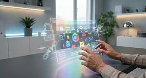 Adult hands interact with a transparent holographic display showing vibrant retro pixel art, geometric shapes, a padlock, and broken chain links, in a modern, well-lit office.