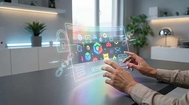 Holographic Display: Retro Pixels, Future Solutions Adult hands interact with a transparent holographic display showing vibrant retro pixel art, geometric shapes, a padlock, and broken chain links, in a modern, well-lit office.