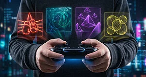 Hands hold a glowing game controller projecting four holographic game previews: boxing, seahorse, pyramids, and spheres, on a futuristic background.