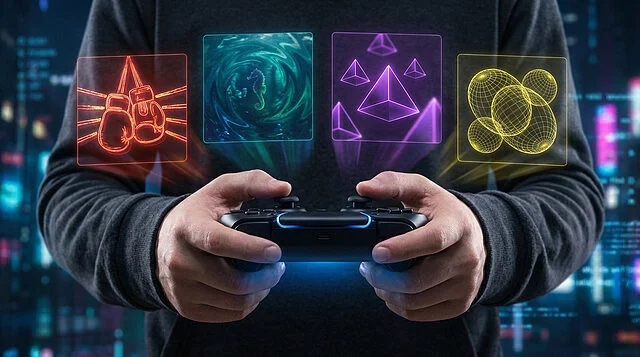 Holographic Gaming: Next-Gen Controller & Projections Hands hold a glowing game controller projecting four holographic game previews: boxing, seahorse, pyramids, and spheres, on a futuristic background.