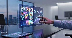 Interface virtuelle futuriste dans un bureau moderne.