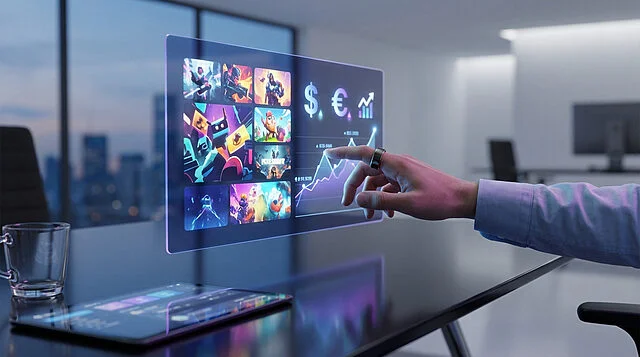 holographic interface gaming and financial trends Interface virtuelle futuriste dans un bureau moderne.