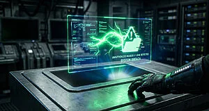 A futuristic console with a glowing green holographic display showing 'System Breach', weapon schematics, and a gloved hand approaching.