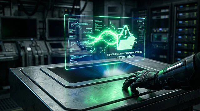 Holographic System Breach on Futuristic Console A futuristic console with a glowing green holographic display showing 'System Breach', weapon schematics, and a gloved hand approaching.