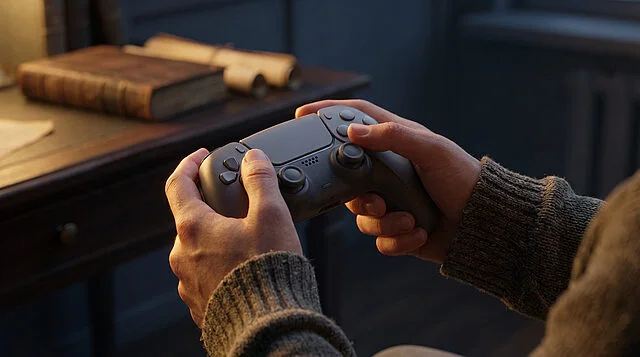 Hopeful Glow: Gaming, Learning, and Reflection Hands hold a sleek game controller in warm light. Blurred background with an old book and parchment hints at learning and a hopeful mood.