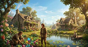 Digital art: Idyllic village with men gardening unique glowing crops and fishing in a pond. Rustic houses, vibrant flowers, clear blue sky.