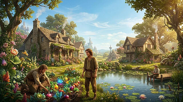 Idyllic Village Life: Garden, Pond & Community Digital art: Idyllic village with men gardening unique glowing crops and fishing in a pond. Rustic houses, vibrant flowers, clear blue sky.