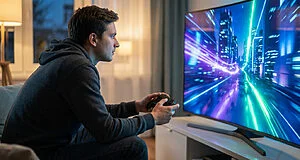 A person in a hoodie intently gaming on a large screen displaying futuristic neon city graphics. Modern controller in hand at dusk.