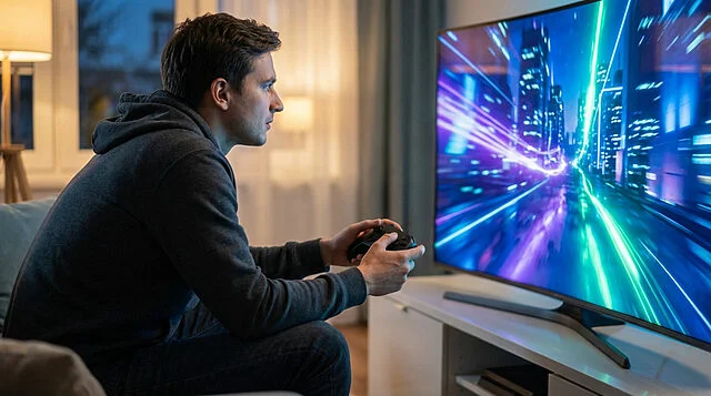 Immersive Gaming at Dusk A person in a hoodie intently gaming on a large screen displaying futuristic neon city graphics. Modern controller in hand at dusk.