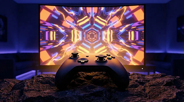 Immersive Gaming: Controller & Retro-Inspired Screen Sleek game controller on a dark rock, glowing from a large screen showing abstract, colorful, geometric retro game patterns.