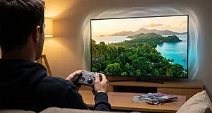 Gamer holding modern controller, engrossed in a vibrant tropical island game on a large screen. An ethereal glow surrounds the display.