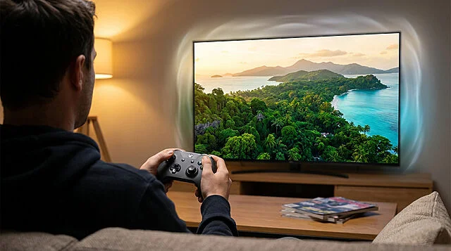 Immersive Gaming: Escape to a Tropical Paradise Gamer holding modern controller, engrossed in a vibrant tropical island game on a large screen. An ethereal glow surrounds the display.