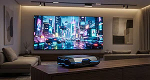 Modern living room with a glowing blue LED gaming console on a dark media stand. A large TV displays a vibrant futuristic city game.