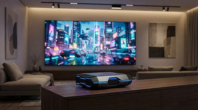 Immersive Gaming Experience: Console & Vibrant 4K Scene Modern living room with a glowing blue LED gaming console on a dark media stand. A large TV displays a vibrant futuristic city game.
