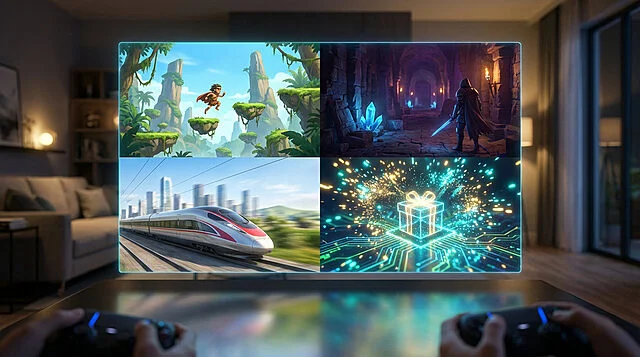Jeux vidéo aventure, train rapide, cadeau numérique.
