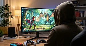 Gamer in a hoodie playing an early access J-RPG on a curved screen, with PS5, Xbox, and Switch controllers nearby.