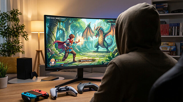 Gamer in a hoodie playing an early access J-RPG on a curved screen, with PS5, Xbox, and Switch controllers nearby.
