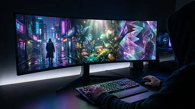 immersive ultra wide gaming setup Homme jouant sur écran ultra-large avec illustrations.