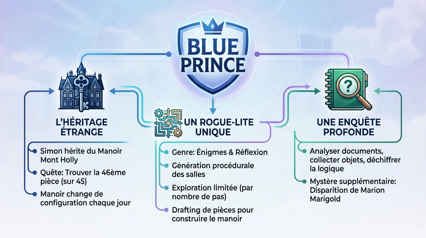 Infographie du jeu Blue Prince illustrant le manoir de Mont Holly et ses mécaniques de drafting