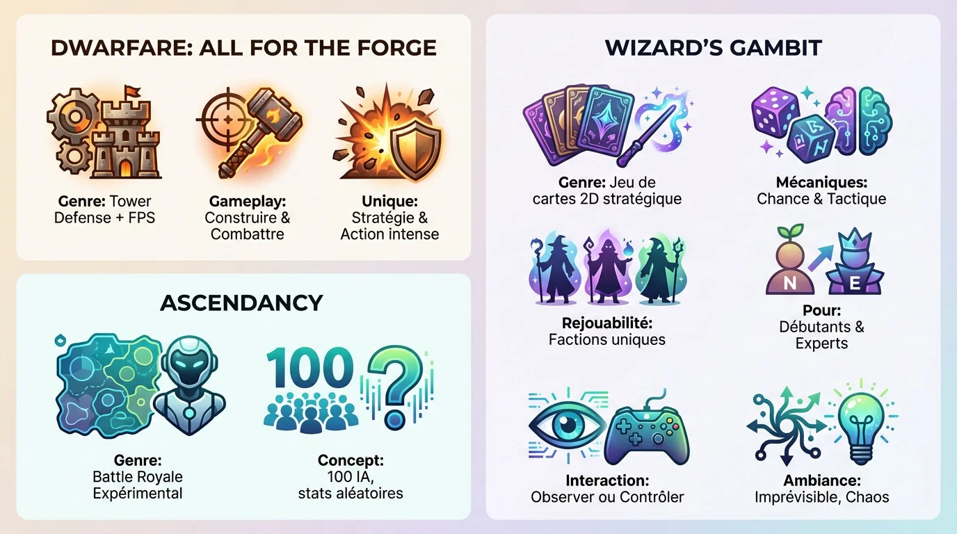 Infographie comparative des caractéristiques de gameplay pour Dwarfare, Wizard's Gambit et Ascendancy