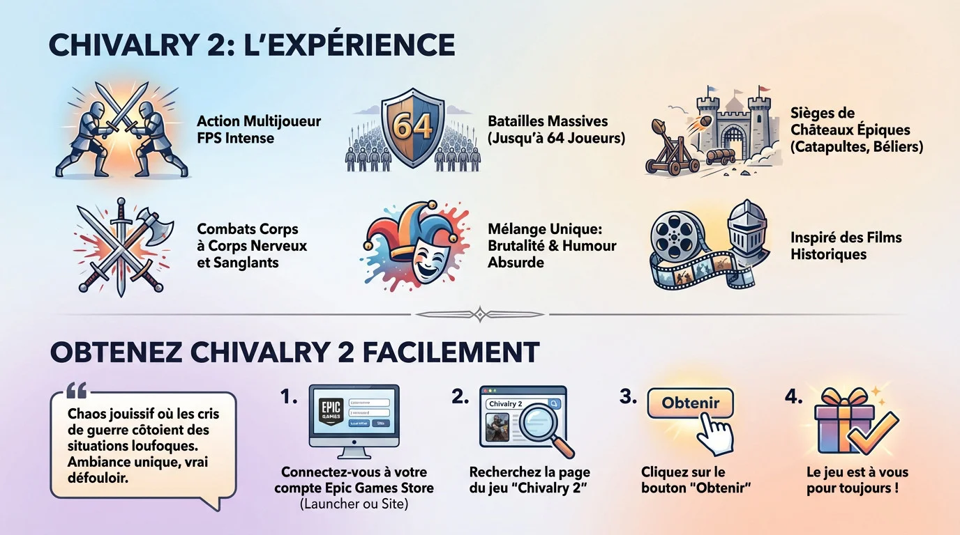 Infographie expliquant comment récupérer Chivalry 2 gratuitement et présentant l'expérience de jeu
